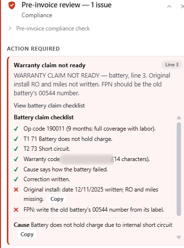 Find the missing install details. Original-install information and the old battery’s part number are missing from this checklist. Captured open RO. Identifiers redacted.