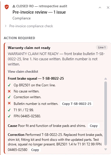 Check the cause and bulletin number. Another brake-noise claim has a correction but still needs a cause and bulletin number. Captured closed RO. Identifiers redacted.