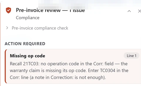 Fill in the missing operation. The campaign is on the line, but the correction is missing its operation code. Captured RO. Identifiers redacted.