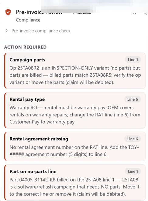 Review four issues together. Campaign parts, rental pay type, agreement details and a part on a no-parts line. Captured open RO. Identifiers redacted.