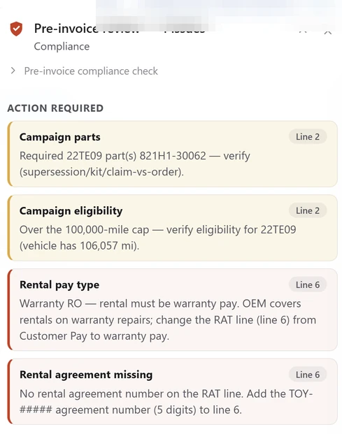 Review the pay type and rental details. Campaign eligibility, part requirements and rental billing prompts on the same write-up. Captured open RO. Identifiers redacted.