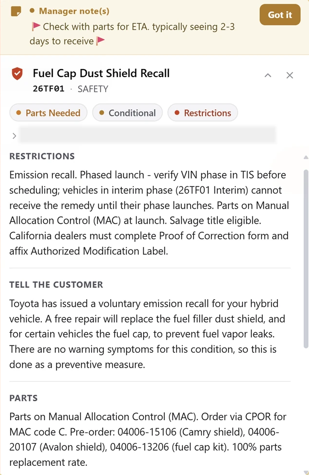 Check parts. Set expectations. Parts requirements and a manager’s ETA note help the BDC prepare the customer. Captured appointment · Department guidance. Identifiers redacted.