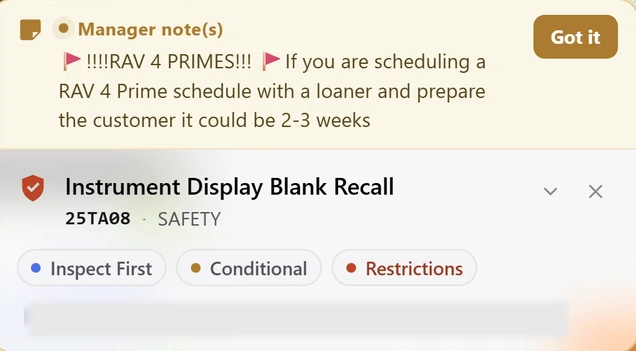 Plan transportation. A manager’s note helps the team explain the possible duration and arrange a loaner. Captured appointment · Department guidance. Identifiers redacted.