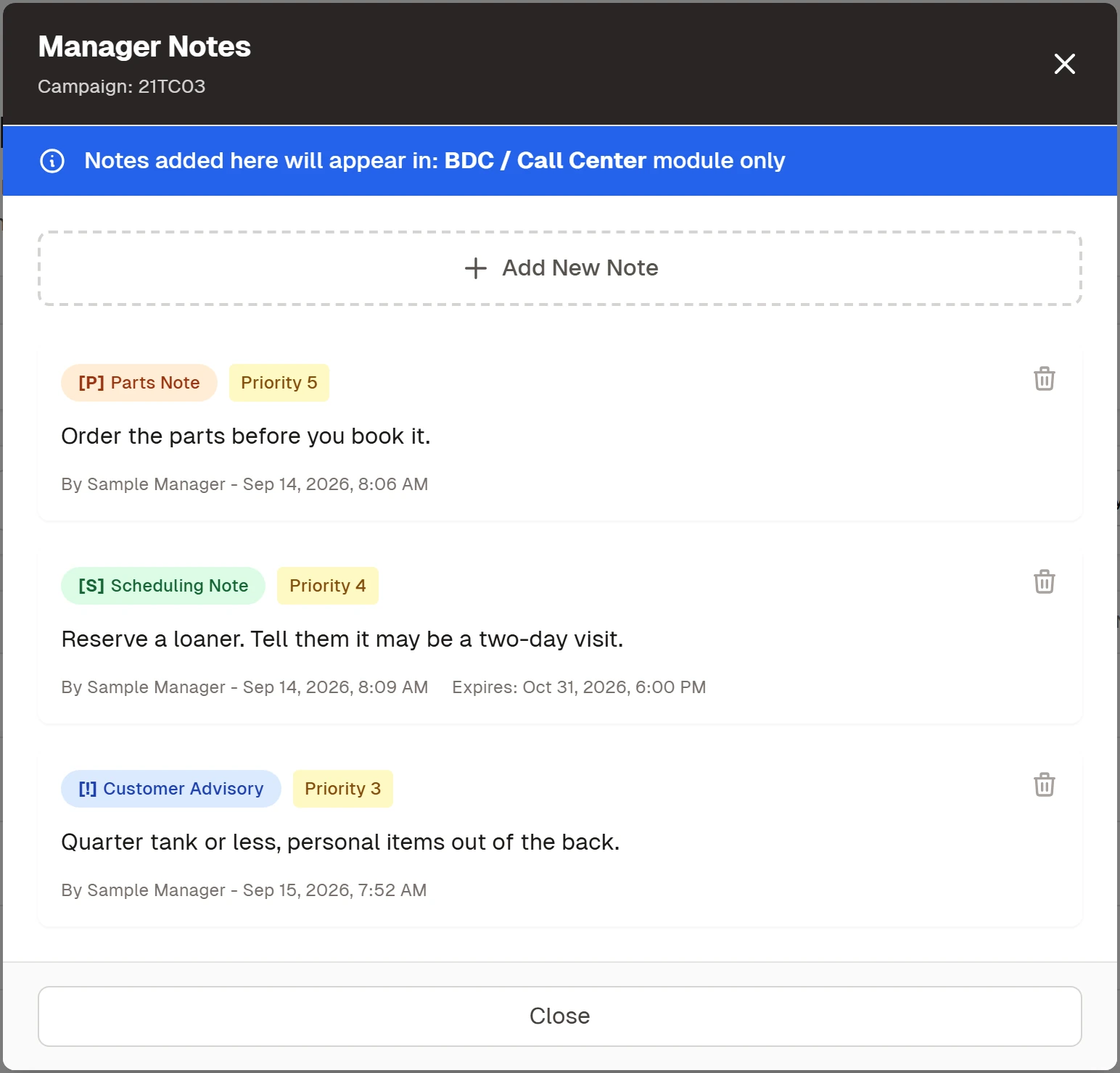DealerNavi manager notes on a campaign with sample data: a parts note, a scheduling note, and a customer advisory note, each with a priority.