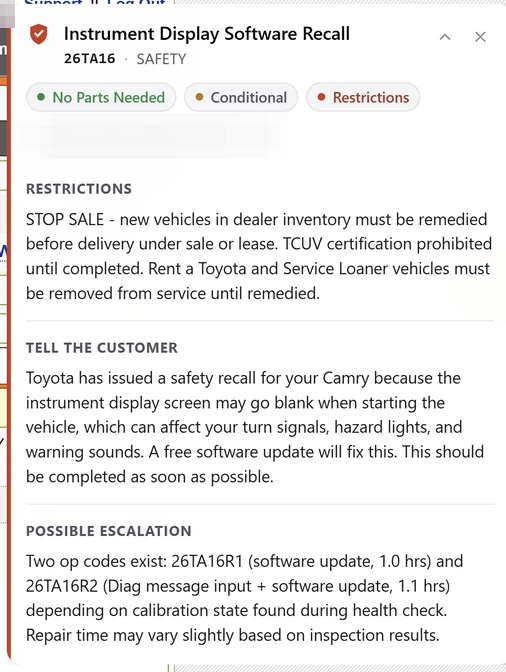 Live scheduling-screen card for an instrument display safety recall: no parts needed, STOP SALE restrictions, what to tell the customer, and the two op codes it may take.