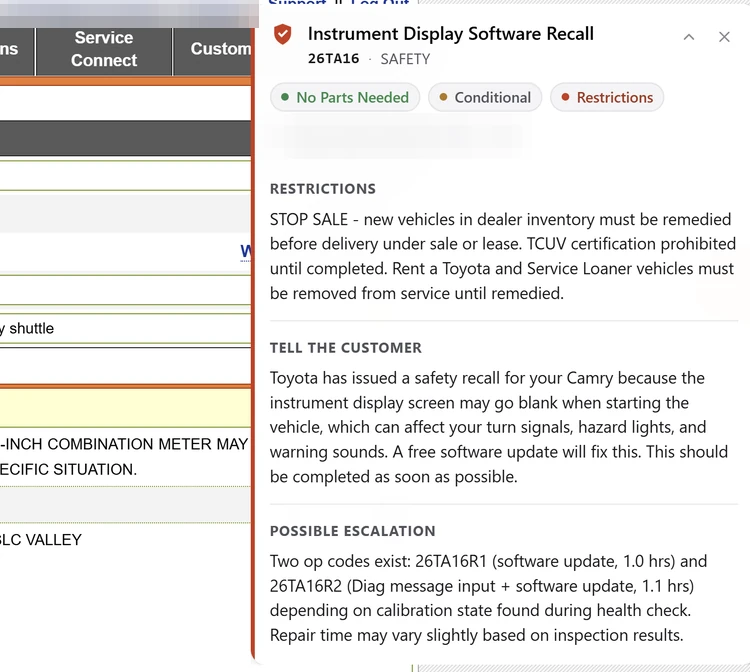 Live scheduling-screen appointment with DealerNavi open on safety recall 26TA16 for a Camry: no parts needed, STOP SALE restrictions, what to tell the customer, and the two op codes it may take.