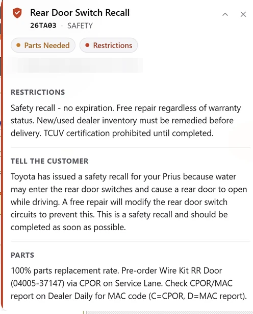 Live scheduling-screen card for safety recall 26TA03, rear door switch on a Prius: parts needed, restrictions, what to tell the customer, and the wire kit to pre-order.