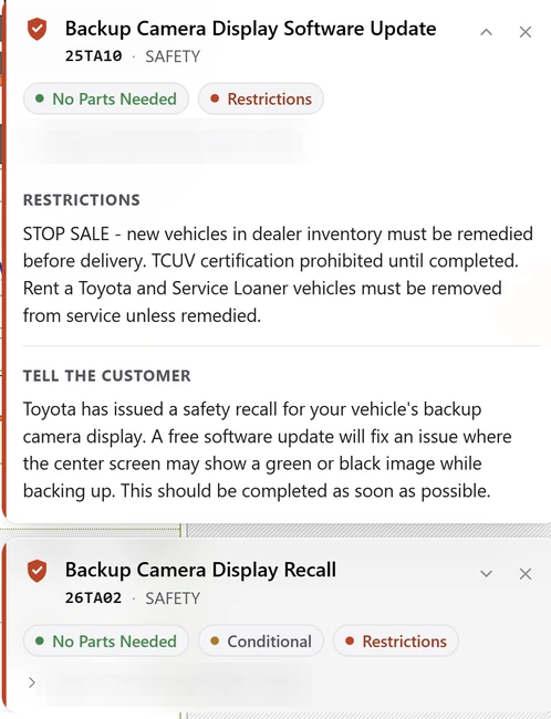 Live scheduling-screen cards on a Tundra: safety recall 25TA10 backup camera software with STOP SALE and what to tell the customer, and a second open recall, 26TA02.