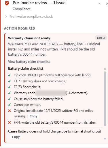 Live DealerNavi card Warranty claim not ready on a replacement battery line of an open RO, before it is invoiced: the op code fits a battery nine months old, six checklist items done, the install date read from the concern but its RO and miles missing, and the old battery’s number missing. A Copy button beside the install line and another for the cause.
