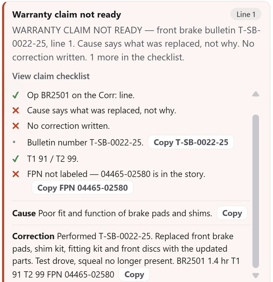 Live DealerNavi card Warranty claim not ready on a front brake noise bulletin line: the cause says what was replaced and not why, no correction is written, and the failed part is not labeled. Copy buttons for the bulletin number, the failed part, a ready-made cause, and a ready-made correction.