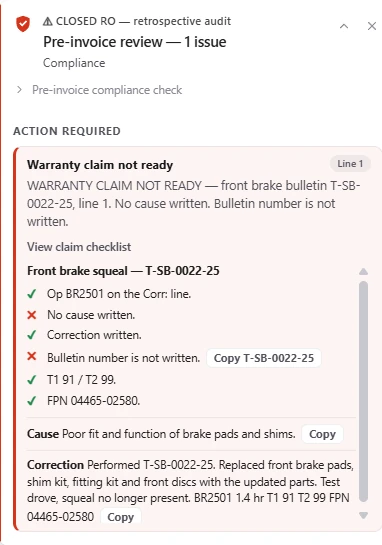 Live DealerNavi card Warranty claim not ready on another front brake noise bulletin line: the op, the correction, the T1 and T2, and the failed part are in, but no cause is written and the bulletin number is not in the correction. Copy buttons for the bulletin number, a ready-made cause, and a ready-made correction.