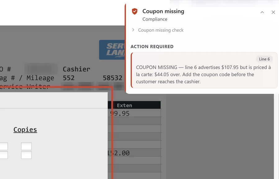 Live DealerTrack print window outlined in red. DealerNavi card: coupon missing, line 6 advertises $107.95 but is priced à la carte, $44.05 over. Add the coupon code before the customer reaches the cashier.