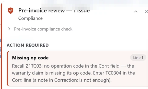 Live DealerTrack card: recall 21TC03 has no operation code in the Corr: field, so the warranty claim is missing its op code. Enter TC0304 on the Corr: line.