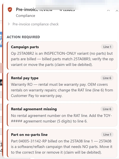 Live DealerTrack repair order with DealerNavi open. Four catches before invoice: campaign parts billed on an inspection-only op, rental on customer pay on a warranty RO, no rental agreement number, and a meter part billed on a no-parts software campaign line.