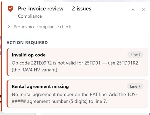 Live DealerTrack card: op code 22TE09R2 is not valid for campaign 25TD01, use 25TD01R2, the RAV4 HV variant; and the rental agreement number is missing on line 7.