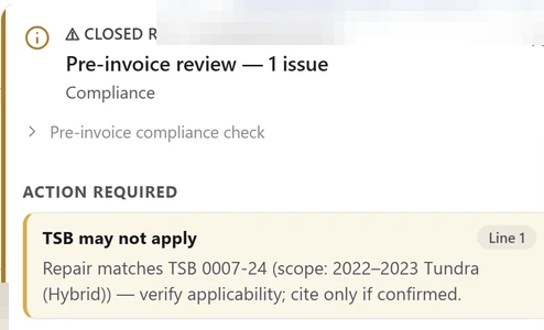 Live DealerTrack card on a closed RO: the repair matches TSB 0007-24, whose scope is 2022 to 2023 Tundra hybrids. Verify applicability and cite it only if confirmed.