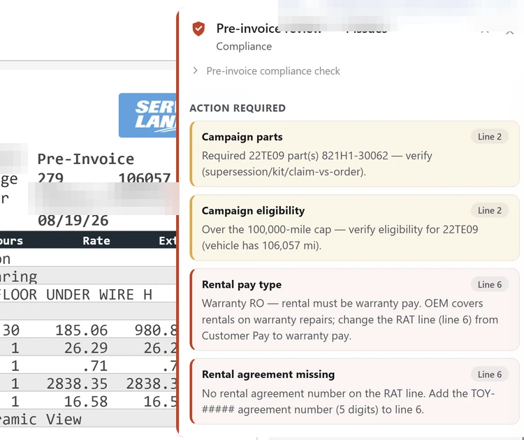 Live DealerTrack repair order with DealerNavi open: required campaign part to verify, over the 100,000-mile campaign cap, rental on customer pay on a warranty RO, and no rental agreement number.